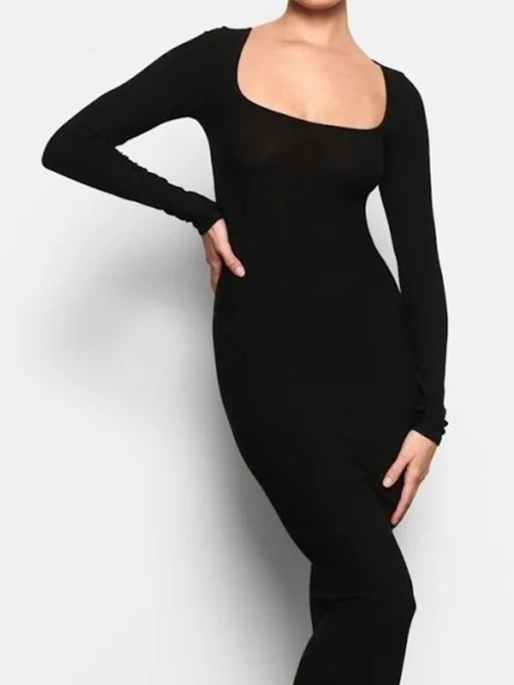 SKIMS Black Ribbed Long-Sleeve Square Neck Maxi Dress